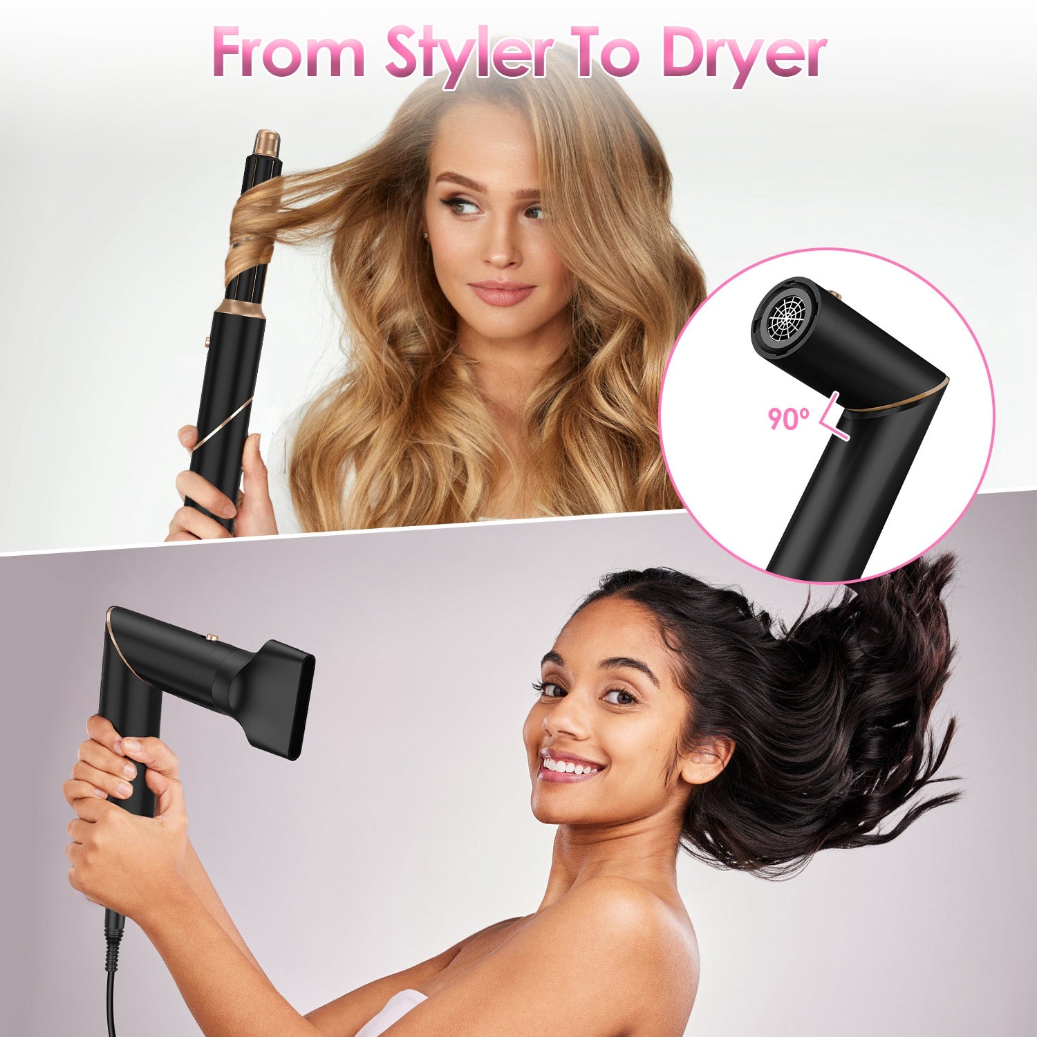 1Pc 5 In 1 Hot Air Styler Straightener Curler Dryer Automatic Wrap Styler Hair Dryer Brush Set With 3 Temp Settings ALCI Plug Glove Cable Tie 2 Alligator Hair Clips